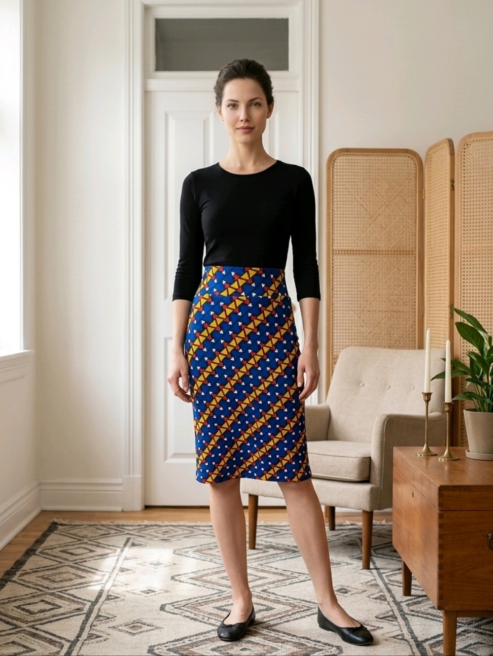 NWT LuLaRoe Cassie Blue and Yellow Geometric Pencil Skirt ~SZ MEDIUM